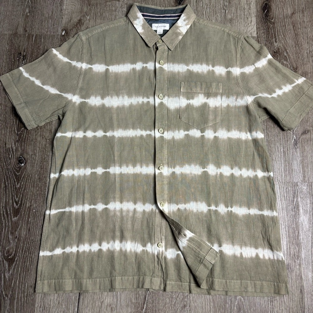 Sun + Stone Tie-Dye Linen Blend Button‎ Up Shirt Men's L Sage White Boho